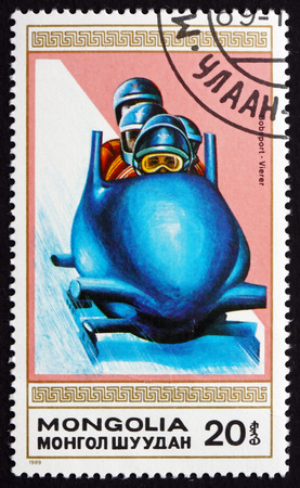 MONGOLIA - CIRCA 1990: a stamp printed in Mongolia shows 4-man Bobsled, Winter Sport, circa 1990のeditorial素材