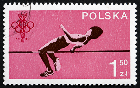 POLAND - CIRCA 1980: a stamp printed in the Poland shows High Jump, Sport, circa 1980のeditorial素材