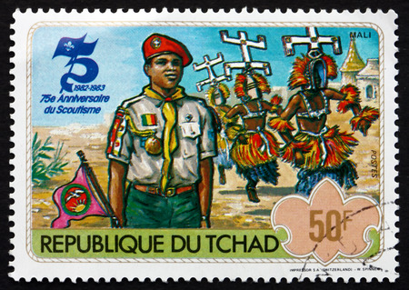 CHAD - CIRCA 1982: a stamp printed in Chad shows Boy Scout from Mali, Boy Scouts, 75th Anniversary, circa 1982のeditorial素材