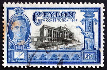 SRI LANKA - CIRCA 19547 a stamp printed in Sri Lanka shows Parliament Building, Colombo, circa 1947のeditorial素材