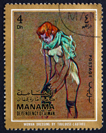 MANAMA - CIRCA 1971: a stamp printed in the Manama shows Woman Dressing, Painting by Toulouse-Lautrec, circa 1971のeditorial素材