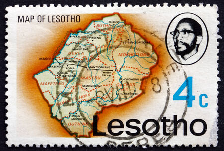 LESOTHO - CIRCA 1976: a stamp printed in the Lesotho shows Map of Lesotho, circa 1976のeditorial素材
