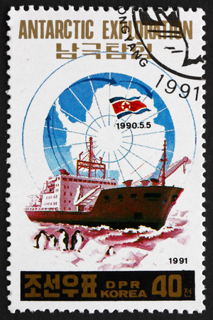 NORTH KOREA - CIRCA 1991: a stamp printed in North Korea shows Research Ship, Antarctic Exploration, circa 1991のeditorial素材