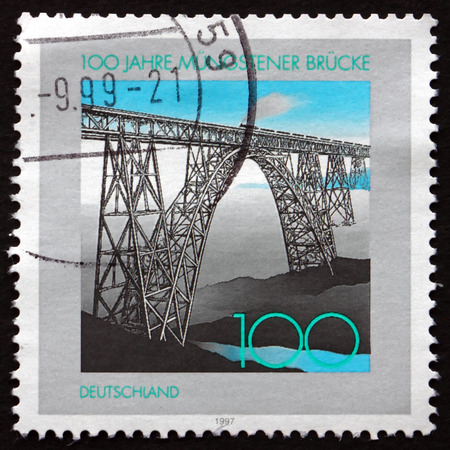 GERMANY - CIRCA 1997: a stamp printed in the Germany shows Mungsten Bridge, is the highest Railroad Bridge in Germany, Centenary, circa 1997のeditorial素材
