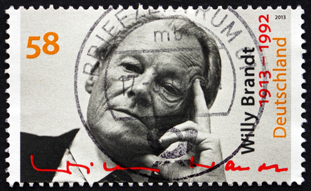 GERMANY - CIRCA 2013: a stamp printed in the Germany shows Willy Brandt, German Statesman and Politician, Chancellor of the Federal Republic of Germany from 1969 to 1974, circa 2013のeditorial素材