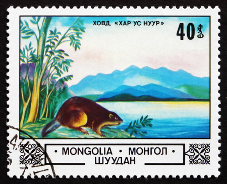 MONGOLIA - CIRCA 1982: a stamp printed in Mongolia shows Beaver, Lake Hovd, circa 1982のeditorial素材
