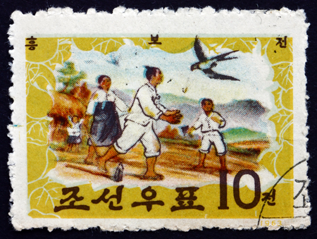 NORTH KOREA - CIRCA 1963: a stamp printed in North Korea shows Swallow Carrying Gourd Seed, Tale of Hung Bu, Korean Traditional Folktale, circa 1963のeditorial素材