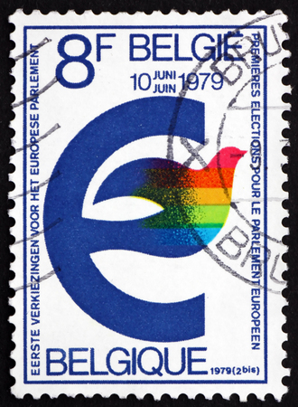 BELGIUM - CIRCA 1979: a stamp printed in the Belgium shows European Parliament Emblem, First Direct Elections, circa 1979のeditorial素材