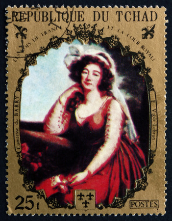 CHAD - CIRCA 1971: a stamp printed in Chad shows Comtesse du Barry, Painting by E. Vigee Lebrun, French Painter, circa 1971のeditorial素材