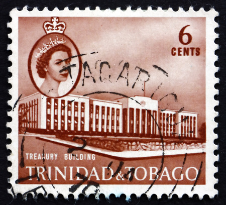 TRINIDAD AND TOBAGO - CIRCA 1960: a stamp printed in Trinidad and Tobago shows Treasury Building, circa 1960のeditorial素材