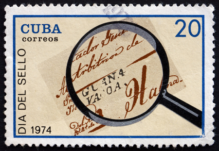 CUBA - CIRCA 1974: a stamp printed in the Cuba shows Letter, Guana Vacoa, Stamp Day, circa 1974のeditorial素材