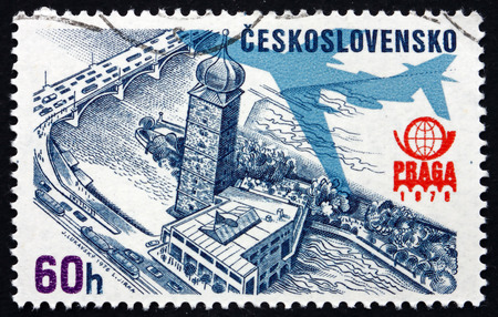 CZECHOSLOVAKIA - CIRCA 1976: a stamp printed in the Czechoslovakia shows Old Water Tower and Manes Exhibition Hall, Prague, circa 1976のeditorial素材