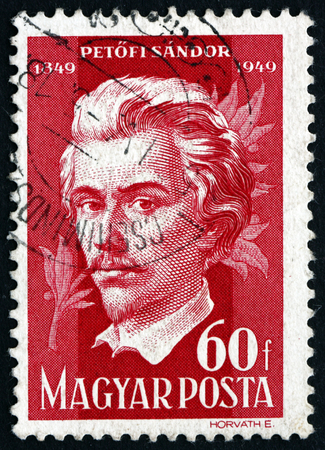 HUNGARY - CIRCA 1949: a stamp printed in the Hungary shows Sandor Petofi, Hungarian Poet, circa 1949のeditorial素材