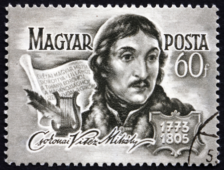 HUNGARY - CIRCA 1955: a stamp printed in the Hungary shows Mihaly Csokonai Vitez, Hungarian Poet, circa 1955のeditorial素材