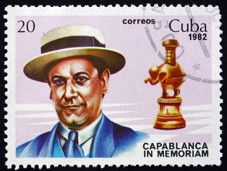 CUBA - CIRCA 1982: a stamp printed in the Cuba shows Jose Raul Capablanca and Rook, Cuban Chess Player, World Chess Champion from 1921 to 1927, circa 1982のeditorial素材