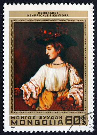 MONGOLIA - CIRCA 1981: a stamp printed in Mongolia shows Hendrickje like Flora, Painting by Rembrandt, circa 1981のeditorial素材