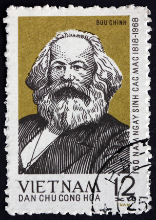 VIETNAM - CIRCA 1968: a stamp printed in Vietnam shows Karl Marx, Philosopher, Economist and Revolutionary Socialist, circa 1968のeditorial素材