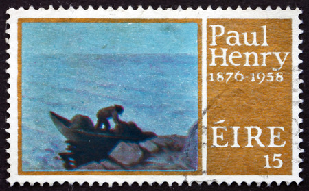 IRELAND - CIRCA 1976: a stamp printed in the Ireland shows The Lobster Pots, Painting by Paul Henry, an Irish Artist, circa 1976のeditorial素材