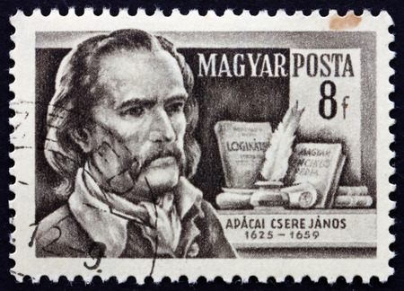HUNGARY - CIRCA 1954: a stamp printed in the Hungary shows Janos Apaczai Csere, Transylvanian Hungarian Polyglot and Mathematician, circa 1954のeditorial素材