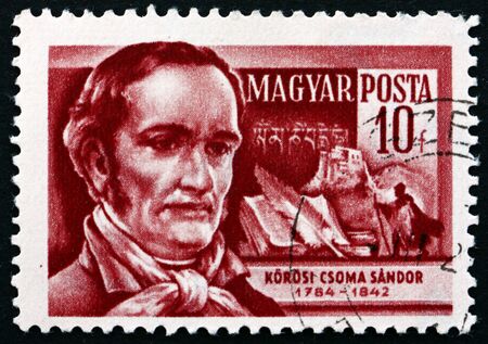 HUNGARY - CIRCA 1954: a stamp printed in the Hungary shows Csoma Sandor Korosi, Hungarian Philologist and Orientalist, circa 1954のeditorial素材