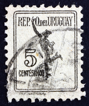 URUGUAY - CIRCA 1927: a stamp printed in the Uruguay shows Mercury, Parcel Post Stamp, circa 1927のeditorial素材