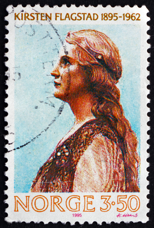 NORWAY - CIRCA 1995: a stamp printed in the Norway shows Kirsten Malfrid Flagstad, Norwegian Opera Singer and a Highly Regarded Wagnerian Soprano, circa 1995のeditorial素材