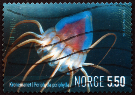 NORWAY - CIRCA 2004: a stamp printed in the Norway shows Helmet Jellyfish, Periphylla Periphylla, Marine Life, circa 2004のeditorial素材