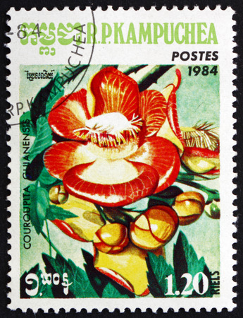 CAMBODIA - CIRCA 1984: a stamp printed in Cambodia shows Canonball Tree, Couroupita Guianensis, Deciduous Tree, circa 1984のeditorial素材
