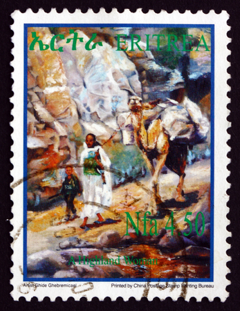 ERITREA - CIRCA 2004: a stamp printed in the Eritrea shows Highland Woman, Child and Camel, circa 2004のeditorial素材