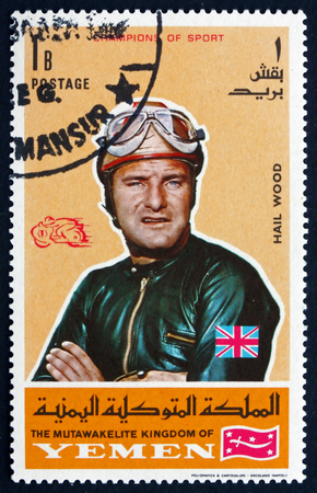 YEMEN - CIRCA 1969: a stamp printed in the Yemen shows Mike Hailwood, British Motorcycle Road Racer,...