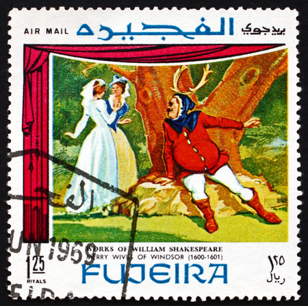 FUJEIRA - CIRCA 1969: a stamp printed in the Fujeira shows Scene from The Merry Wives of Windsor, Comedy Play by William Shakespeare, circa 1969のeditorial素材