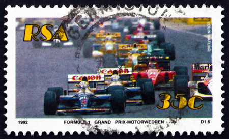 SOUTH AFRICA - CIRCA 1992: a stamp printed in South Africa shows Formula 1 Grand Prix, Auto Racing Sport, circa 1992のeditorial素材