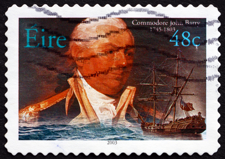 IRELAND - CIRCA 2003: a stamp printed in Ireland shows American Commodore John Barry, an Officer in the Continental Navy during the American Revolutionary War, circa 2003のeditorial素材