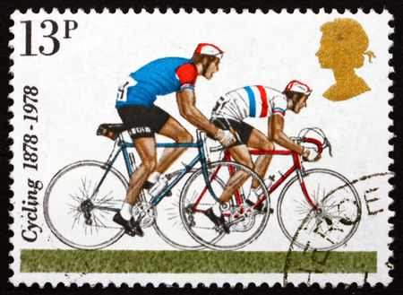 GREAT BRITAIN - CIRCA 1978: a stamp printed in Great Britain shows Road Racers, Centenary of 1st National Cycling Organizations, circa 1978のeditorial素材