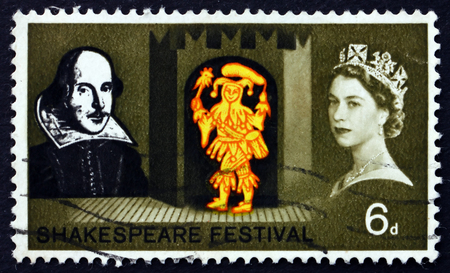 GREAT BRITAIN - CIRCA 1964: a stamp printed in Great Britain shows Feste the Clown, from Twelfth Night, Shakespeare Festival, circa 1964のeditorial素材