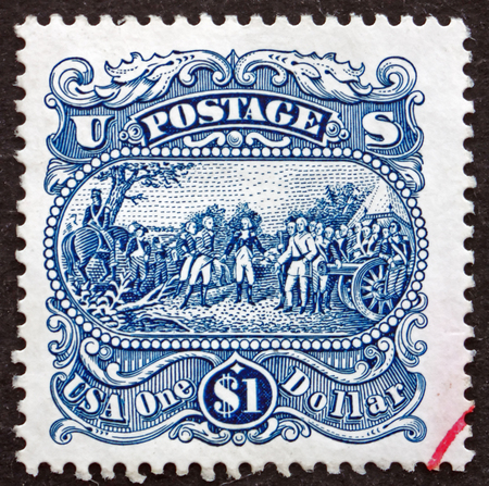 USA - CIRCA 1994: a stamp printed in the USA shows Surrender of General Burgoyne at the Battle of Saratoga, Painting by John Trumbull, circa 1994のeditorial素材