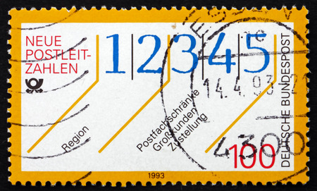 GERMANY - CIRCA 1993: a stamp printed in Germany dedicated to New Postal Codes, circa 1993のeditorial素材