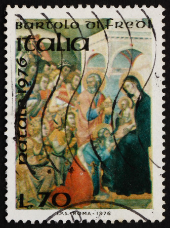 ITALY - CIRCA 1976: a stamp printed in Italy shows Adoration of the Kings, Painting by Bartolo di Fredi, Italian Painter, Christmas, circa 1976のeditorial素材