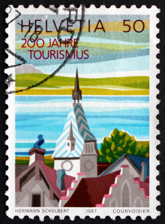 SWITZERLAND - CIRCA 1987: a stamp printed in Switzerland shows Clock Tower, Zug, German Language Region, circa 1987のeditorial素材