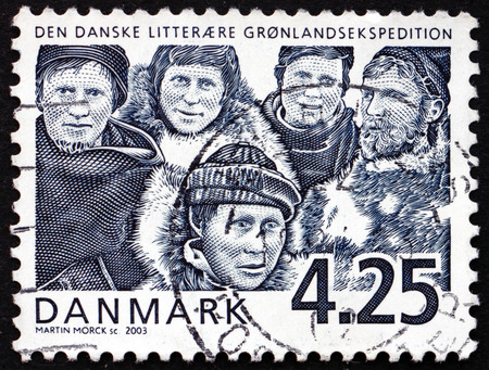 DENMARK - CIRCA 2003: a stamp printed in Denmark shows Danish Literary Greenland Expedition, Centenary, circa 2003のeditorial素材