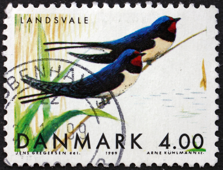DENMARK - CIRCA 1999: a stamp printed in Denmark shows Barn Swallows, Hirundo Rustica, Migratory Birds, circa 1999のeditorial素材