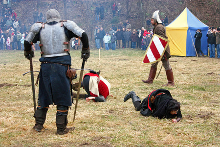 CROATIA SAMOBOR, 7 MARCH 2010: Staging of a medieval battle at Samobor on March 1, 1441, Croatia