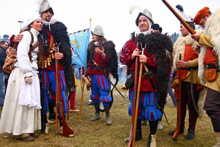 CROATIA SAMOBOR, 7 MARCH 2010: Soldiers after the battle, staging of a medieval battle at Samobor on March 1, 1441, in Samobor, Croatiaのeditorial素材