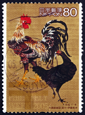 JAPAN - CIRCA 2005: a stamp printed in the Japan shows Daikei-shiyu-zo, Painting by Jakuchu Ito, Philately Week, circa 2005のeditorial素材