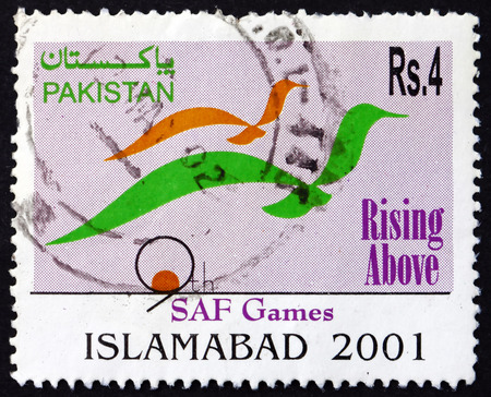 PAKISTAN - CIRCA 2001: a stamp printed in Pakistan dedicated to 9th SAF Games, Islamabad, circa 2001のeditorial素材