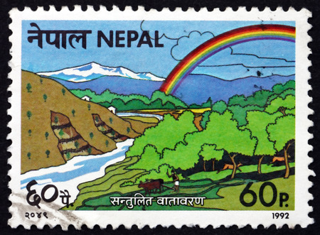 NEPAL - CIRCA 1992: a stamp printed in the Nepal dedicated to Environment, Protect the Environment, circa 1992のeditorial素材