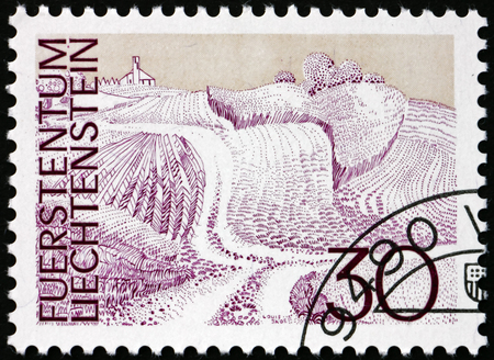 LIECHTENSTEIN - CIRCA 1973: a stamp printed in Liechtenstein shows Fields, Schellenberg, circa 1973のeditorial素材