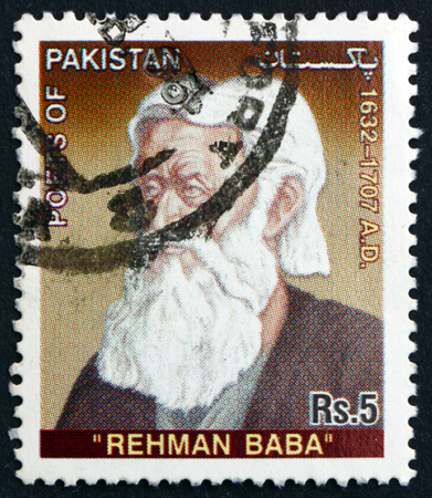 PAKISTAN - CIRCA 2005: a stamp printed in Pakistan shows Abdul Rahman Baba, was a Pashtun Poet from Peshawar in the Mughal Empire, Pakistan, circa 2005のeditorial素材
