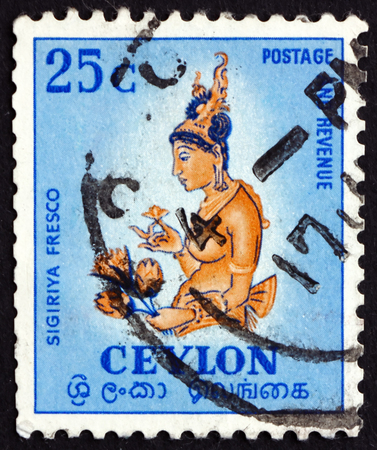 SRI LANKA - CIRCA 1954: a stamp printed in Sri Lanka shows Women Holding Flower, Sigiriya, 5th Century, Temple Painting, circa 1954のeditorial素材