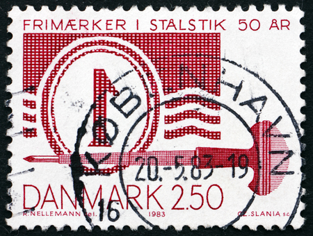 DENMARK - CIRCA 1983: a stamp printed in Denmark dedicated to 50th Anniversary of Steel Plate Printed Stamps, circa 1983のeditorial素材